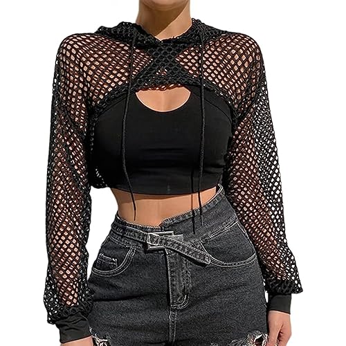XINCHIA Women Sexy Mesh Top Hollow Out Crop Top See Through Tops for Women Mesh Crop Top Long Sleeve Hoodie Tops Women Sexy Shirts Blouses Mesh Cover Up Top Sheer See Through Top Clubwear T-Shirt - M-L - Black