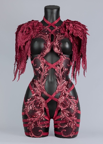 FIRE IN THE DISCO - Red Sequin Lace Bodycage & Wing Epaulettes | UK 16-18/US 12-14