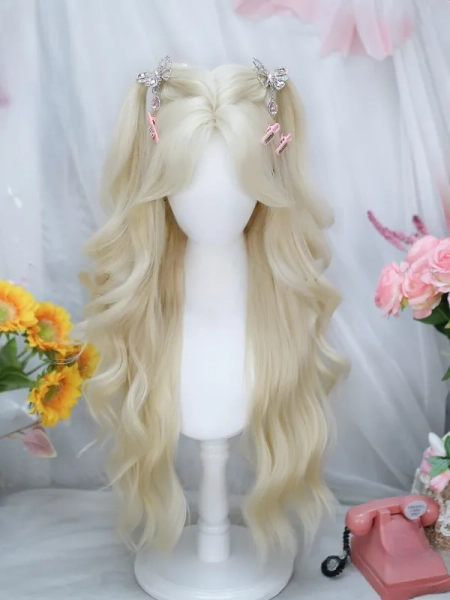 [$24.00]Light Blonde Curtain Bangs Long Wavy Synthetic Wig