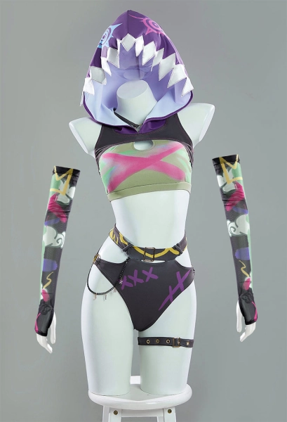 Conjunto de bikini derivado de Jinx, traje de baño de dos piezas con parte superior estampada y braguita, capucha y mangas