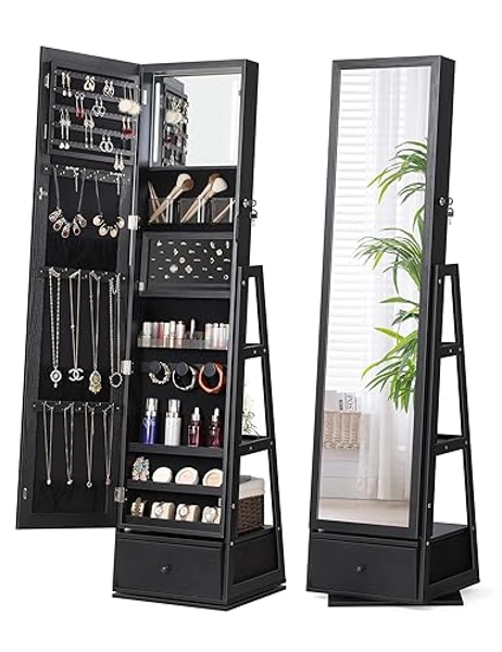 Nicetree 360° Swivel Jewelry Cabinet with Lights, Touch Screen Vanity Mirror, Rotatable Full Length Mirror with Jewelry Storage, Standing Jewelry Armoire Organizer, Foldable Makeup Shelf, Black