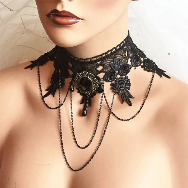 Black choker collar necklace, Wedding jewelry, Victorian black lace Choker necklace, Gothic wedding choker, Ballroom necklace jewelry