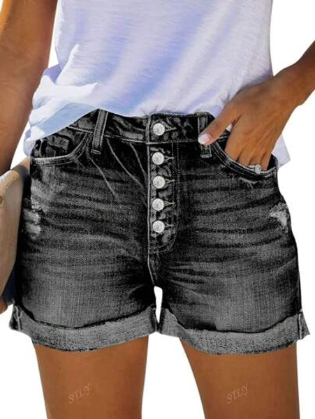 STLY nya jeansshorts med stretch, smal passform, vintage retro gatustil, sliten fÄll framkant med knappdesign, blÄ tvÀttade jeansshorts