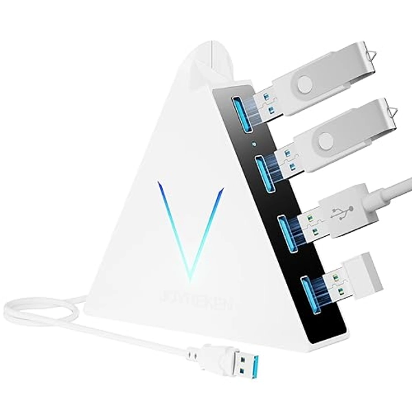 JoyReken USB 3.0 Hub,4 Port USB Hub Tower,2ft Cable USB Splitter for Laptop,PC, PS4,PS5,Xbox,Mouse,Keyboard, Flash Drive, U-Disk (White)