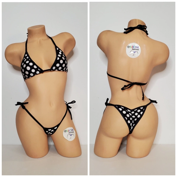 Black with White Polka Dots with Black Trim Medium Coverage Top Scrunch Butt String Bikini Set One Size