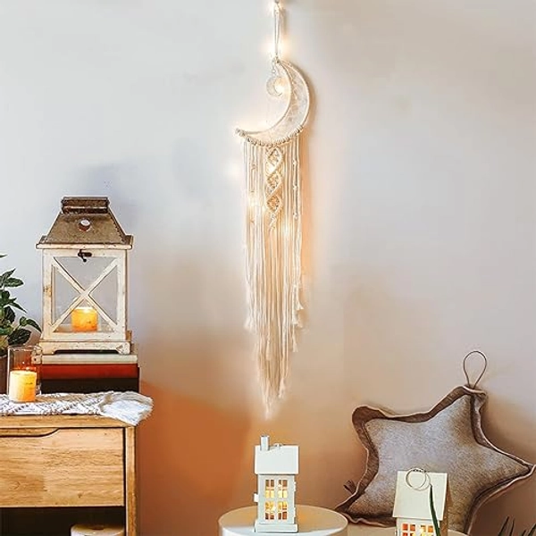 Boho Macrame Woven Wall Hanging, Moon Dream Catcher, Handmade Dream Catchers for Mom, Women, Girls, Woven Wall Hanging Bedroom Decoration (Moon-White)