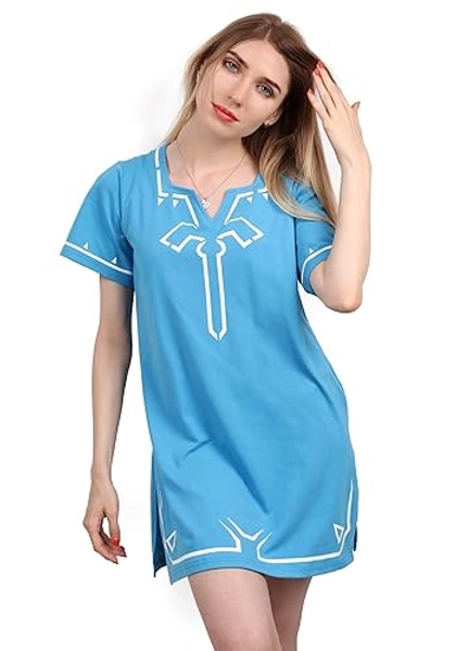 C-ZOFEK Women's US Size Dress, Blue Shirt Tunic Cosplay Costume, Loose Fit Short Sleeves V-Neck Side Slit for Halloween