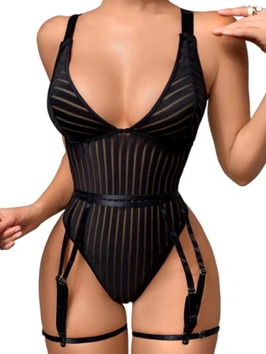 Kaei&Shi Sexy Ribbed Top,Plunge V, Snap Crotch, Leg Strap, Backless 3Pc Bodysuit - Black - 14