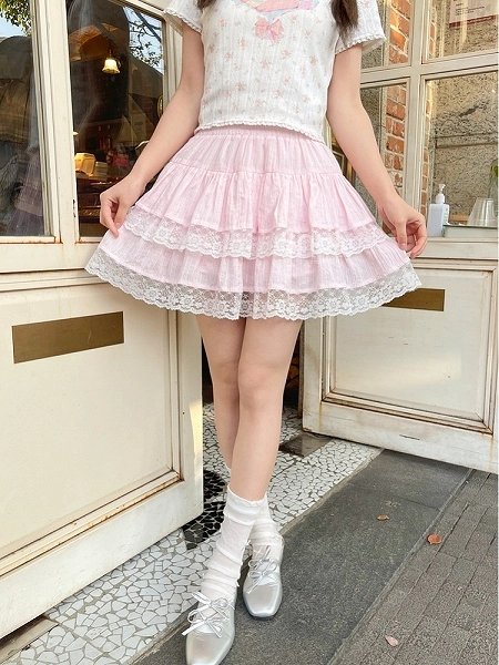 [$44.00]Sweet Pink Elastic Waist Lace Trim Tiered Skirt