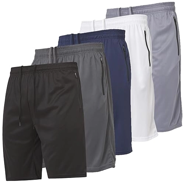 Ultra Performance Mens 5 Pack Athletic Running Shorts, Basketball Gym Workout Shorts for Men with Zippered Pockets - Large - Dry Fit Short With Rubber Zippers