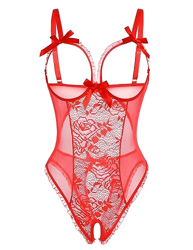 Avidlove Women One Piece Lingerie Sexy Lace Babydoll Mini Bodysuit - X-Large - Red#