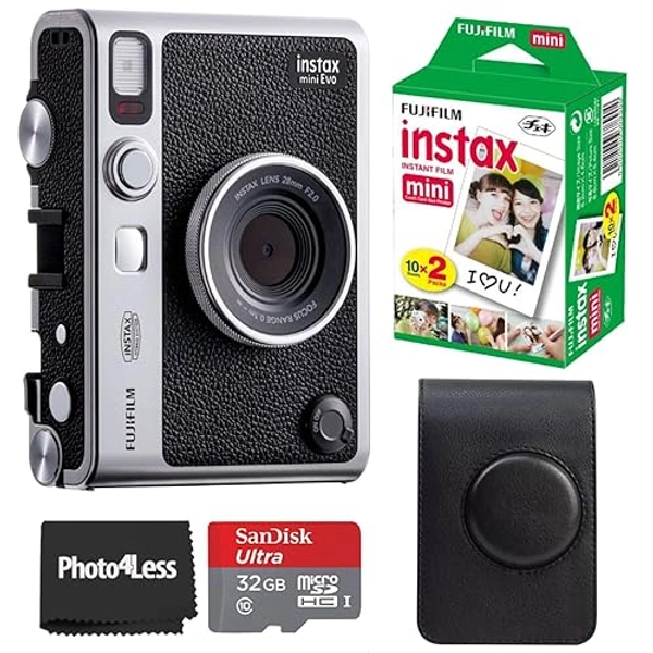 Fujifilm Instax Mini EVO Hybrid Instant Camera Black Bundle with Instax Mini Instant Film 20 Sheets, 32GB microSD Card, Vintage Style Black Camera Case, Bundle