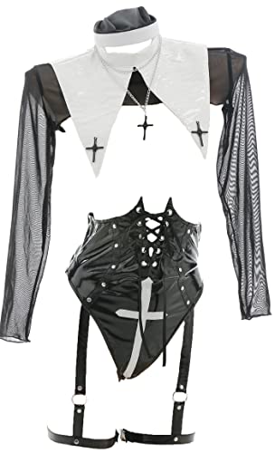 MEOWCOS Women's Sexy Lingerie Nun Suit Open Chest Body Shaper Bodysuit with Mesh Top and Stockings - Medium - Black