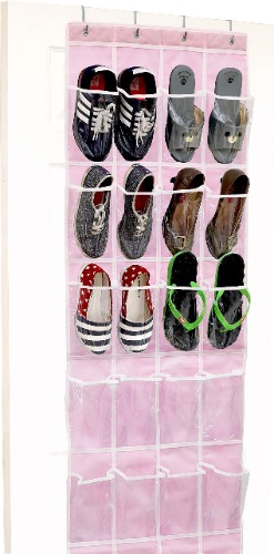 24 Pockets - SimpleHouseware Crystal Clear Over The Door Hanging Shoe Organizer, Pink - Pink