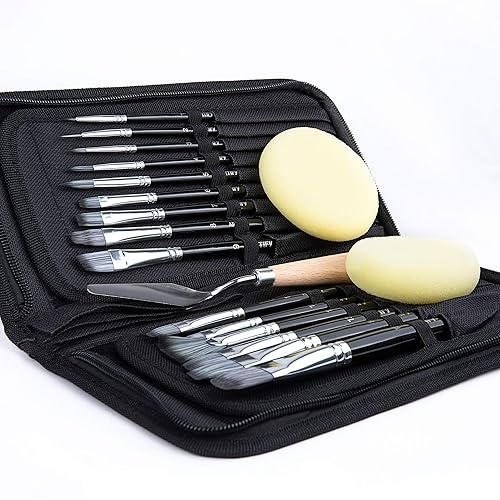 18 Piece Paint Brush Set, ARTIFY 15 Acrylic Paint Brushes, Palette Knife, and 2 Sponges, Professional Artist Paint Brushes for Acrylics, Watercolors, Gouache, Canvas, and Face Painting,Black - Black - 18 Pcs
