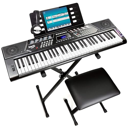 RockJam 61 Key Keyboard Piano Stand With Pitch Bend Kit, Piano Bench, Headphones, Simply Piano App & Keynote Stickers - Keyboard Piano Kit with Pitch Bend