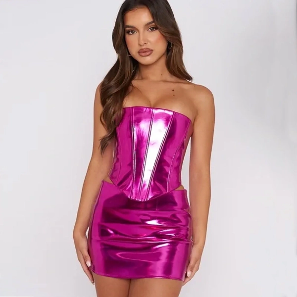 Metallic Faux Leather Skirt Set