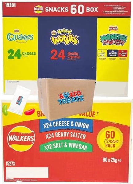 Walkers Crisps Mega Bundle Of 120 Crisps Bags Cheese Onion Ready Salted Salt&Vinegar Quavers Baked Wotsits Mega Monster Munch Crisps Party Bundle Boxed Treatz