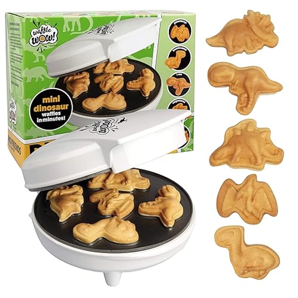 Dinosaur Mini Waffle Maker- 5 Different 3D Shaped Dinos in Minutes- Special Breakfast for Kids Adults w Cool Novelty Pancakes, Electric NonStick Waffler Iron, Gift for Him or Dessert, Recipes Included