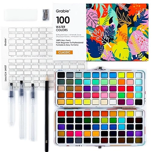 Grabie 100 Colors Watercolor Paint Set - 50 Regular, 35 Metallic, 10 Macaron and 5 Fluorescent Colors - Portable with Carrying Case, Water Brush Pens, and Accessories - For Beginners and Professionals