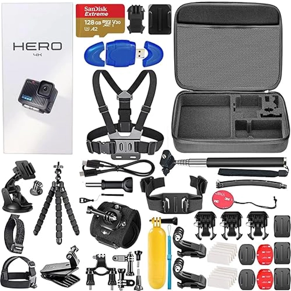 GoPro Hero Compact Waterproof Action Camera with 4K, 12MP Photos, Stabilization + 128GB Card, Card Reader, 50 Piece Accessory Kit - Bundle