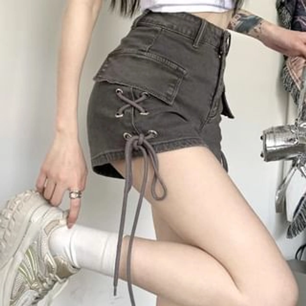 High Waist Washed Lace-Up Denim Cargo Hot Pants