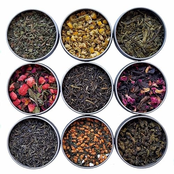 Heavenly Tea Leaves 9 Flavor Variety Pack, Loose Leaf Tea Sampler Gift Set (Approx. 90 Cups of Tea) - High to No Caffeine, Great Hot or Iced, Assortment of Green, Herbal, Black, & White Teas