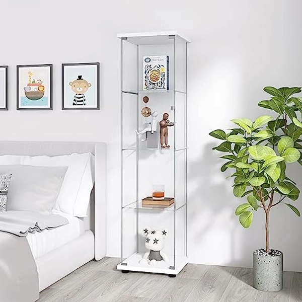 Yoluckea Glass Cabinet, 4 Shelves Glass Display Cabinet with Door, Curio Cabinet Collection Glass Display Case for Home Office, Floor Standing Bookshelf Corner Cabinet for Book, Toys, Glory (White)