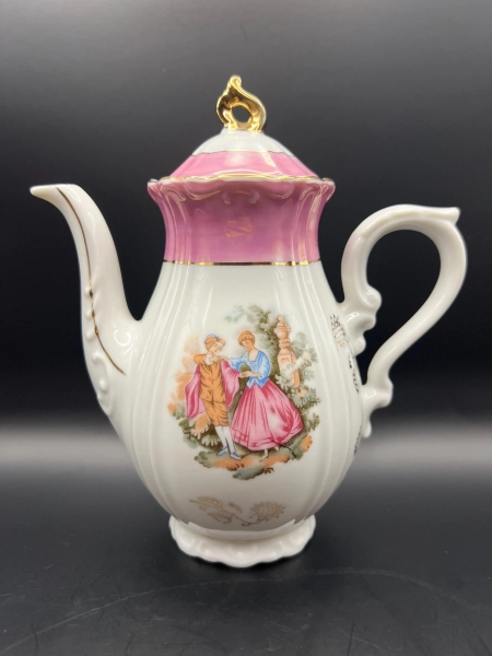 Vintage Pink & White Porcelain Teapot Hand-Painted Victorian Couple Gold Accents Flame Finial Decorative Tea Pot for Collectors