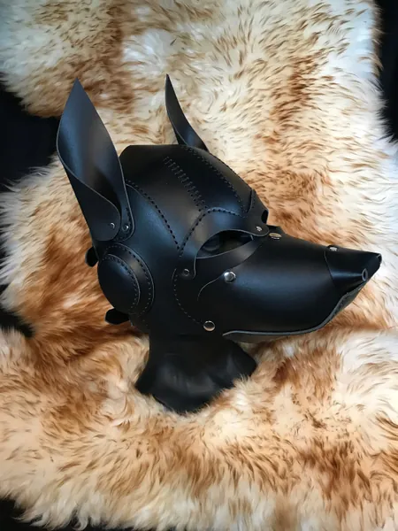 Genuine Leather Handmade Dog Pup fox foxy Mask Puppy Black leather with removable Muzzle