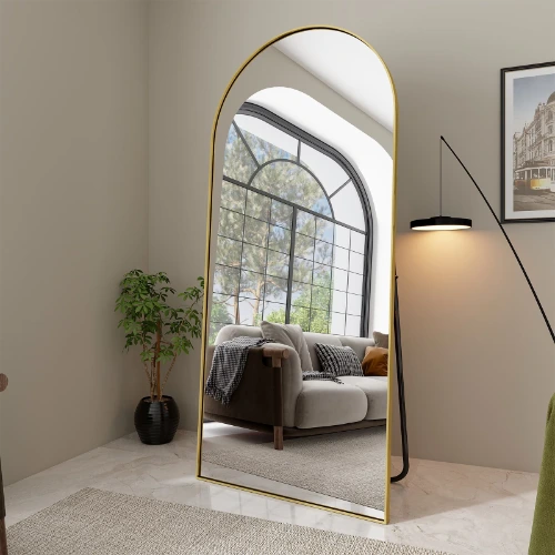 BEAUTYPEAK 76"x34" Oversized Arched Metal Framed Standing Mirrors, Gold