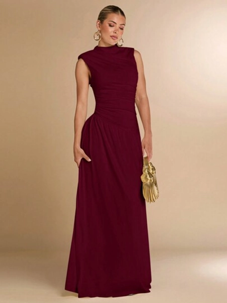 SHEIN BAE Höst/vinter ärmlös Mock Neck Enfärgad Asymmetrisk Ruched Klänning, Lämplig som Underställsklänning, Fransk Klänning, Aftonklänning, Födelsedagsklänning, Brudtärnklänning, Elegant Casual Klänning