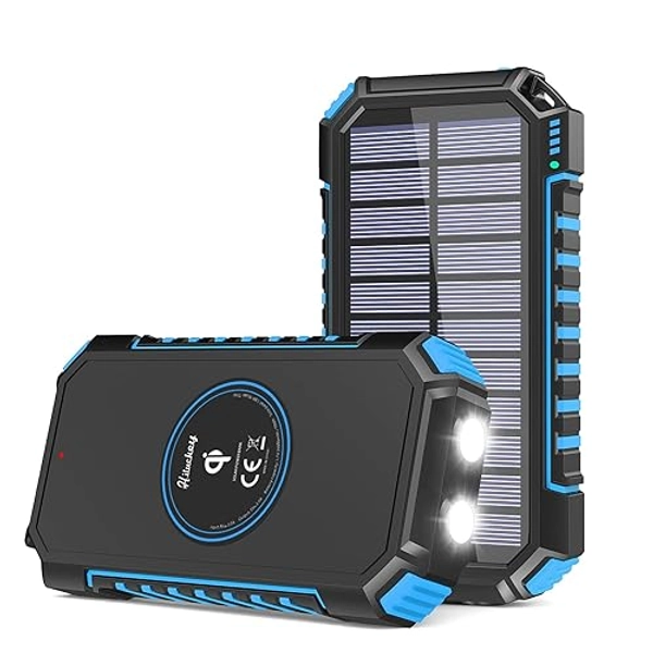 Solar Charger 26800mAh, Hiluckey Wireless Portable Charger Qi Power Bank with 4 Outputs & LED Flashlight, USB C Quick Charge Waterproof Phone Charger for Smartphones, Tablets and Outdoors (Blue)