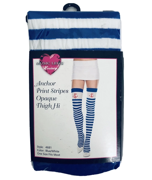 Music Legs Opaque Tights Blue White Anchor Pinstripe One Size Cosplay Sailor