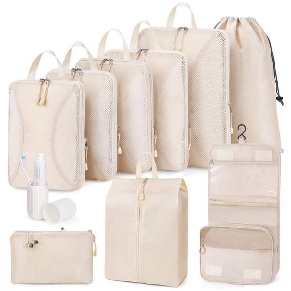 Anjing Compressie verpakking kubussen 10 set, koffer organizer tassen, reizen kubussen voor koffers, bagage organisator verpakkingszakken, vlucht cruise vakantie benodigdheden, beige