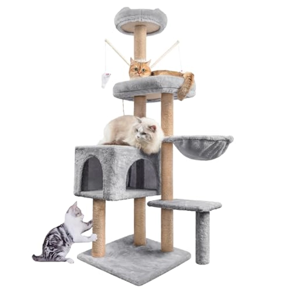 HOMIDEC Katzen Kratzbaum, 145 cm Katzenbaum Kletterturm, Kletterbaum Aktivitätskratzbäum mit Säulen vollständig mit Sisal umwickelt, Katzenspielzeug, Höhle, Plattformen, Liegemulde, Hellgrau