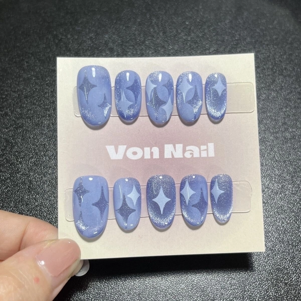 Blue star Design Press On Nails|Cat Eye Shinny Reusable Nails|Charm Fake Nail|Star River Nails|Kawaii Nails|Cute Nail Art|Gift For her