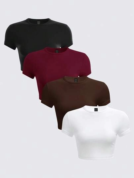 SHEIN BASICS 4pcs/Set Casual Solid Color Knit Round Neck Short Sleeve Fitted Cropped Women T-Shirts,Red Top