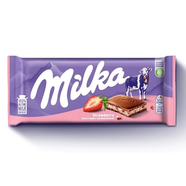 Milka, Fragola e Yogurt, Tavoletta di Cioccolato al Latte Classica con Yogurt e Fragole, Latte 100% Alpino, Cacao Sostenibile, 100g