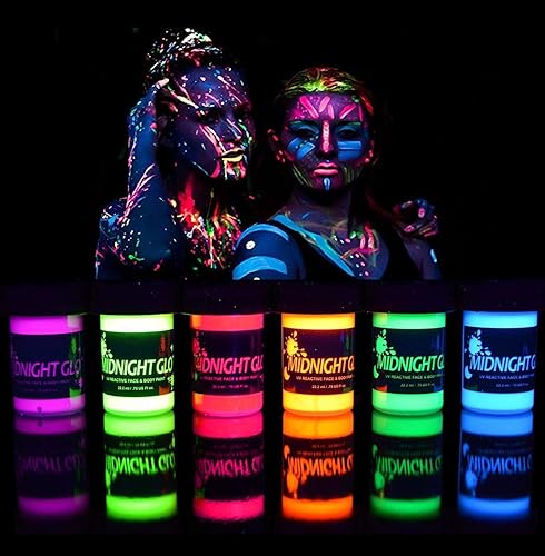 Midnight Glo UV Face & Body Paint Set - Fluorescent Face Paints - Blacklight Reactive - Safe, Washable, Non-Toxic (6 Bottles 0.75 oz. Each) - 0.75 Fl Oz (Pack of 6)