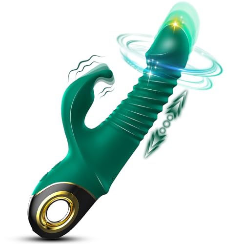 Thrusting Dildo G-spot Rabbit Vibrator - Silicone Realistic Dildo Massager Clitoral Vaginal Stimulator with 9 Vibrating & 5 Telescopic Rotating Modes, Waterproof Adult Sex Toys for Women -Green - Peacock Blue
