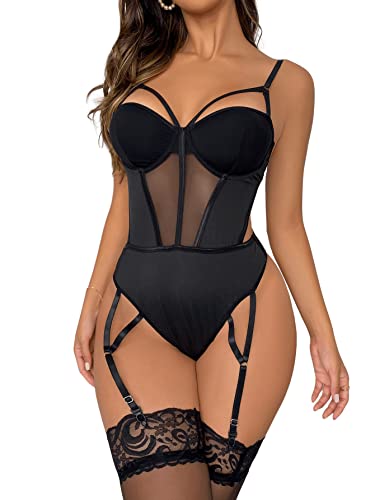 SweatyRocks Women’s Mesh Lace Lingerie with Garter Teddy Bodysuit with Stockings - Small - Solid Black