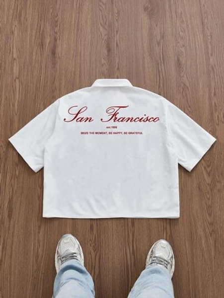 SWAVVY Regular Fit Men's White Loose Print Cropped Boxy Shirt, Suitable For Everyday Wear