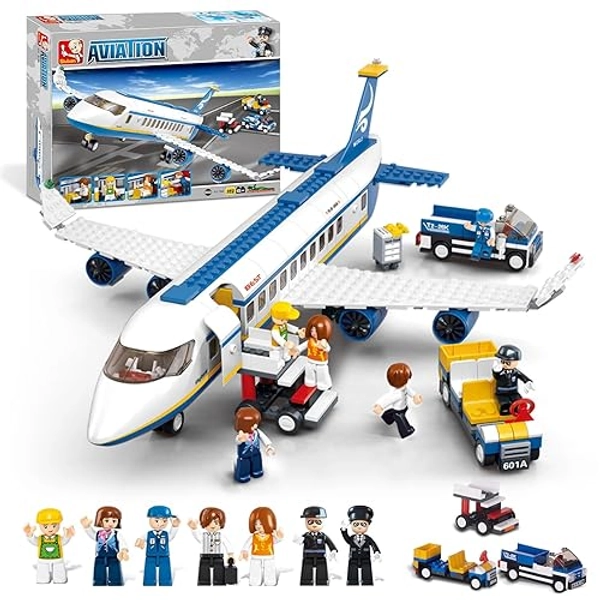 City Passenger Airplane Building Set for Boys 6+ 8+ 12+, City Plane Airport Playset with a Large Aircraft, Passenger Bus, Luggage Truck, Container Loader, 7 Minifigures, Compatible with Lego City