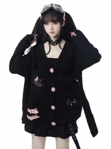 [$45.41]Black V-neck Soft Embroidered Cardigan with PU Buckles