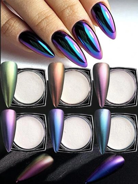 Black Friday 6pcs Chameleon Chrome Nail Powder, Y2K Aesthetic Purple Blue Metallic Pigments Black Base Nails Mirror Effect Decoration, White Base Nails Aurora Frosted Nail Art Glitter DIY Nail Charms Nail Gems Nail Supplies