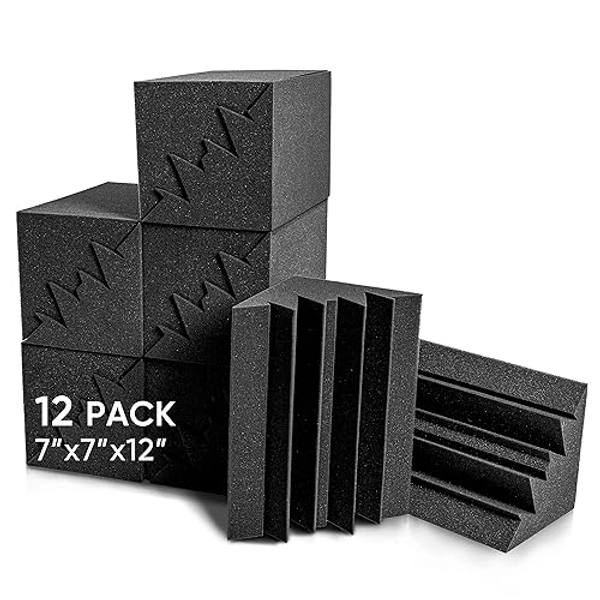 Sonic Acoustics 12 Pack Acoustic Foam Panels 7" X 7" X 12" Sound Absorbing Panel, Bass Trap Studio Foam, Corner Block Finish, Sound Panels Soundproof Sound Insulation Absorbing - Bass Trap - Black