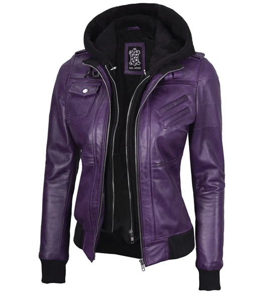 Womems Purple Leather Jacket with Removable Hood