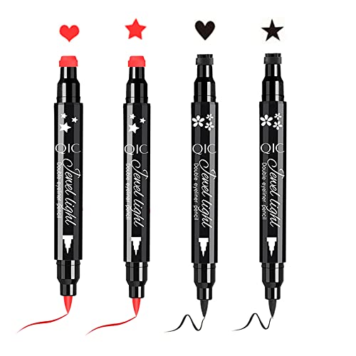 Red & Black Liquid Eyeliner and Heart Star Stamp Set│4 PCs Winged Eye Liners and Fun Shapes Stamps, Dual ended 2-in-1 Eye Makeup Pen