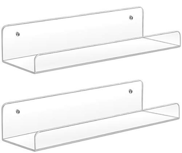 Sooyee Acrylic Shelves,2 Pack 15 Inch Floating Wall Mounted Shelves, Funko Pop Display Case,Invisible Kids Book Shelf,Picture Ledge Shelf Decor Accents,5MM Thick Bathroom Shelves,4.77" Wide,Clear - 2 Pack